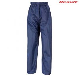 The Result Core Rain Trousers are a casual fit, StormDri polyester, rain trouser.  Black or Navy.  S - 5XL.  Great branded rain trousers from Result.