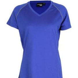 The Aurora Sports Womens XT Performance Tee is a v-neck, polyester performance tee.  Quick dry.  9 colours.  8 - 18.  Great performance sports wear. 