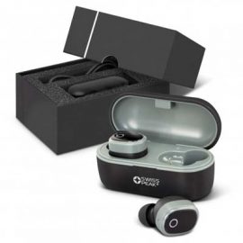 The Swiss Peak TWS Earbuds are premium wireless earbuds with crystal clear stereo sound.  Black.  Great co branded products for your clients.