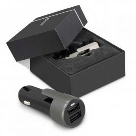 The Swiss Peak 3 in 1 Safety Charger is a well designed, dual port, 3 in 1 safety charger.  Black.  Print your logo and co-brand with Swiss Peak.