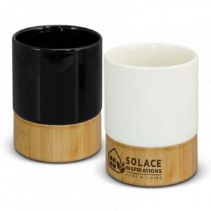 The TRENDS Kismet Coffee Mug is a deluxe 250ml ceramic coffee cup with natural bamboo base.  Printing on the bamboo.  Black gift box.