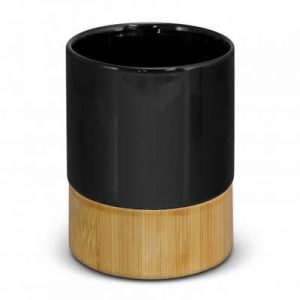 The TRENDS Kismet Coffee Mug is a deluxe 250ml ceramic coffee cup with natural bamboo base.  Printing on the bamboo.  Black gift box.