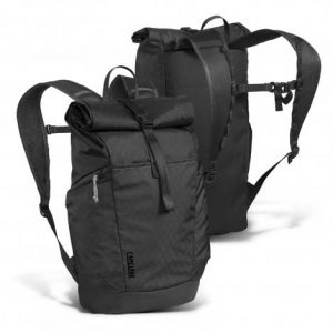 The Camelbak Pivot Roll Top Backpack is a lightweight, versatile commuter backpack.  Black.  Made from 50% recycled material.  Co branded with your logo.