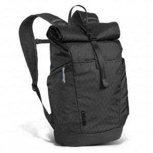 The Camelbak Pivot Roll Top Backpack is a lightweight, versatile commuter backpack.  Black.  Made from 50% recycled material.  Co branded with your logo.