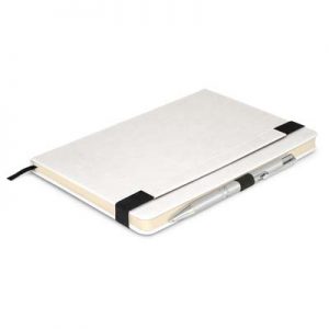 The TRENDS Premier Notebook with Pen is a medium size notebook with hard cover.  Paired with the panama pen.  9 colour options.