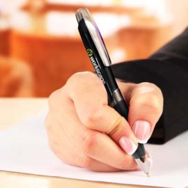 The TRENDS Adonis Pen is a retractable plastic ball pen with shiny chrome accents.  8 colours.  Great branded promo pens.