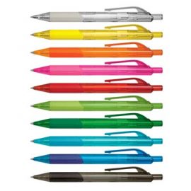The TRENDS Etna Pen is a retractable plastic ball pen with trans barrel with soft rubber grip.  10 colours.  Great branded pens.