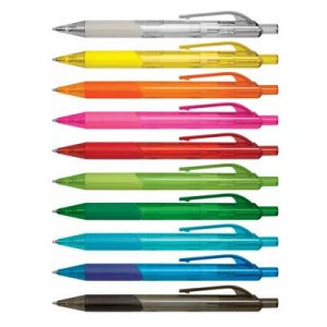 The TRENDS Etna Pen is a retractable plastic ball pen with trans barrel with soft rubber grip.  10 colours.  Great branded pens.