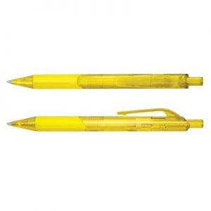 The TRENDS Etna Pen is a retractable plastic ball pen with trans barrel with soft rubber grip.  10 colours.  Great branded pens.