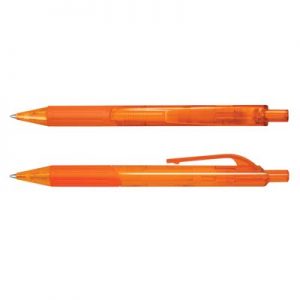 The TRENDS Etna Pen is a retractable plastic ball pen with trans barrel with soft rubber grip.  10 colours.  Great branded pens.