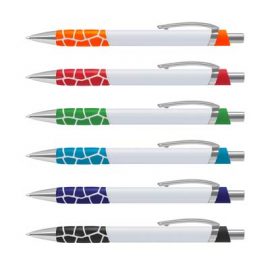 The TRENDS Zola Pen is a retractable platic ball pen with unique, patterned soft touch grip.  6 colours.  Black Ink.  Chrome accents.