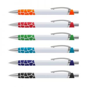 The TRENDS Zola Pen is a retractable platic ball pen with unique, patterned soft touch grip.  6 colours.  Black Ink.  Chrome accents.