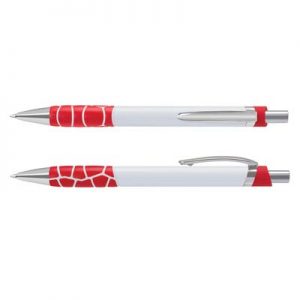 The TRENDS Zola Pen is a retractable platic ball pen with unique, patterned soft touch grip.  6 colours.  Black Ink.  Chrome accents.
