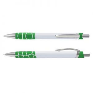 The TRENDS Zola Pen is a retractable platic ball pen with unique, patterned soft touch grip.  6 colours.  Black Ink.  Chrome accents.