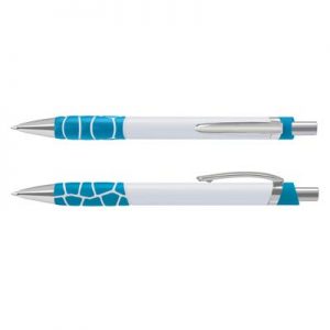 The TRENDS Zola Pen is a retractable platic ball pen with unique, patterned soft touch grip.  6 colours.  Black Ink.  Chrome accents.