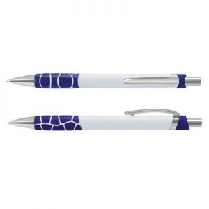 The TRENDS Zola Pen is a retractable platic ball pen with unique, patterned soft touch grip.  6 colours.  Black Ink.  Chrome accents.