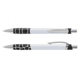The TRENDS Zola Pen is a retractable platic ball pen with unique, patterned soft touch grip.  6 colours.  Black Ink.  Chrome accents.