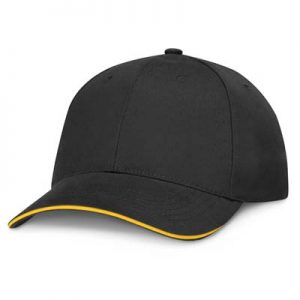 The TRENDS Swift Cap Black is a premium quality, structured 6 panel cap. Brushed Heavy cotton. Contrast sandwich trims. 8 colours