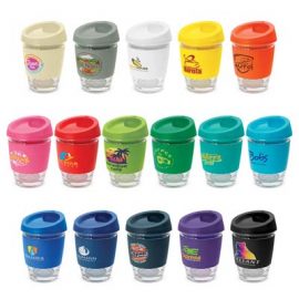 The TRENDS Metro Cup is a fashion inspired 340ml reusable glass coffee cup with push on silicone lid.  16 colours.  Great branded drinkware