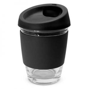 The TRENDS Metro Cup is a fashion inspired 340ml reusable glass coffee cup with push on silicone lid.  16 colours.  Great branded drinkware