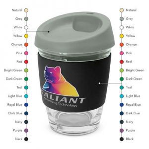The TRENDS Metro Cup is a fashion inspired 340ml reusable glass coffee cup with push on silicone lid.  16 colours.  Great branded drinkware