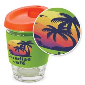 The TRENDS Metro Cup is a fashion inspired 340ml reusable glass coffee cup with push on silicone lid. 16 colours. Great branded drinkware