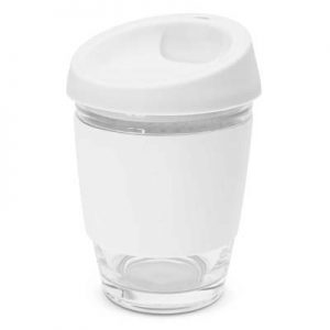 The TRENDS Metro Cup is a fashion inspired 340ml reusable glass coffee cup with push on silicone lid.  16 colours.  Great branded drinkware