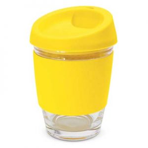 The TRENDS Metro Cup is a fashion inspired 340ml reusable glass coffee cup with push on silicone lid.  16 colours.  Great branded drinkware