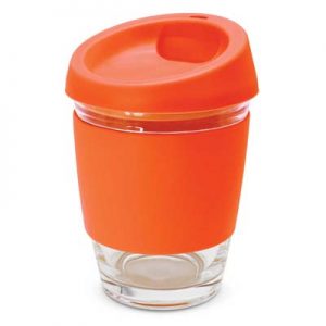 The TRENDS Metro Cup is a fashion inspired 340ml reusable glass coffee cup with push on silicone lid.  16 colours.  Great branded drinkware