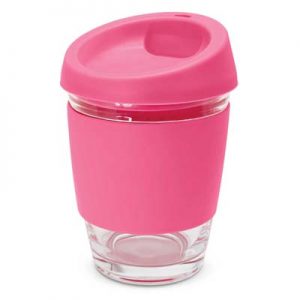The TRENDS Metro Cup is a fashion inspired 340ml reusable glass coffee cup with push on silicone lid.  16 colours.  Great branded drinkware