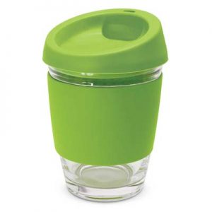 The TRENDS Metro Cup is a fashion inspired 340ml reusable glass coffee cup with push on silicone lid.  16 colours.  Great branded drinkware
