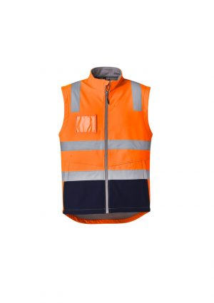 ZV426_OrangeNavy_F The Syzmik Unisex Hi Vis Softshell Vest is a 100% softshell, hi vis vest. Available in 2 colours. Sizes XXS - 5XL, 7XL.