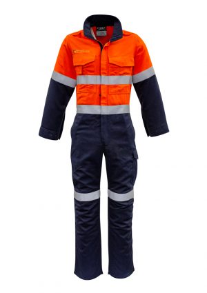 ZC525_OrangeNavy_F The Syzmik Mens Orange Flame Hoop Taped Spliced Overall is a 55% modacrylic overall with multiple pockets. Available in 2 colours. Sizes 77 - 122.
