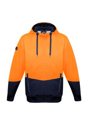 ZT477_OrangeNavy_F The Syzmik Unisex Hi Vis Textured Jacquard Hoodie is a 59% Polyester, hi vis hoodie with waist pockets. Available in 4 colours. Sizes XXS - 5XL, 7XL.