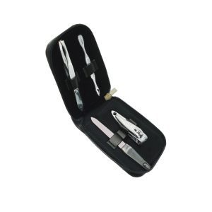 The Catalogue Manicure Set is an imitation leather zip pouch with 4 manicure tools included. Available in Black with White stitching.