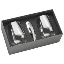 The Catalogue Wine Glass Set has 2 stemless wine glasses and a waiters friend. Gift box included. Perfect for a gift or travelling set.