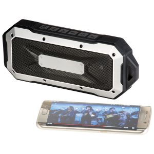 The Catalogue Boulder Waterproof Outdoor Bluetooth Speaker is a plastic and rubber portable speaker. Perfect for outdoor events.