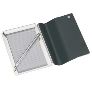 8982-pocket-address_jotter-with-pen-open The Catalogue Pocket Address/Jotter with Pen is a small notepad and pen in a nickel finish case. Magnetic closure.