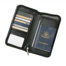 The Catalogue Leather Travel Wallet has multiple pockets for bank cards, ID, passport and more. Zip closure. Perfect for travelling.