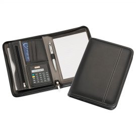 The Catalogue A5 Zippered Compendium With Calculator is a leather-look compendium with multiple pockets. Solar calculator. Writing pad.