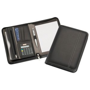 9022-a5-zippered-compendium-with-calculator-combined The Catalogue A5 Zippered Compendium With Calculator is a leather-look compendium with multiple pockets. Solar calculator. Writing pad.
