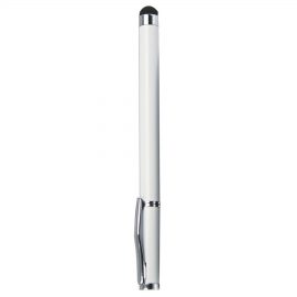 The Catalogue Stylus Pen is a white, metal, ballpoint pen. Soft rubberised on one end. Removable cap. Black ink.
