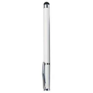 9035-stylus-pen The Catalogue Stylus Pen is a white, metal, ballpoint pen. Soft rubberised on one end. Removable cap. Black ink.