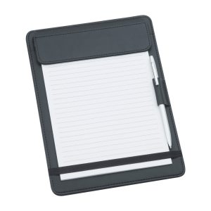 9164-a5-leather-look-jotter The Catalogue A5 Leather Look Jotter is a black leather-look jotter with writing pad, pen loop and elastic holder.