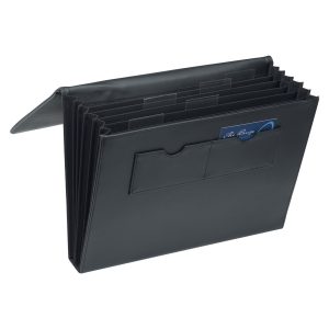 The Catalogue A4 Expandable File Portfolio is an imitation portfolio with accordion document compartments. Business card holders on front.