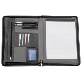 The Catalogue Zippered A4 Compendium is an imitation leather compendium with zippered closure. Multiple pockets and holders.