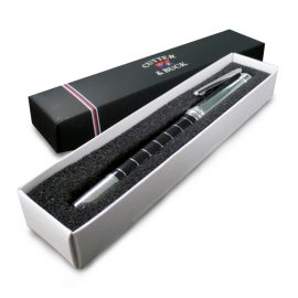 The Catalogue Cutter & Buck Twist Action Ballpoint Pen is a smart, metal pen. Silver plated with black resin. Black ink.
