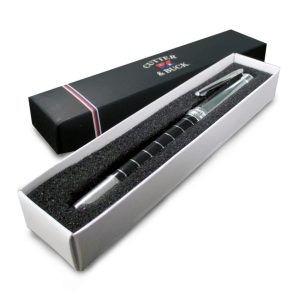 CB1001-cutter-buck-twist-action-ballpoint-pen-in-cutter-buck-gift-box The Catalogue Cutter & Buck Twist Action Ballpoint Pen is a smart, metal pen. Silver plated with black resin. Black ink.