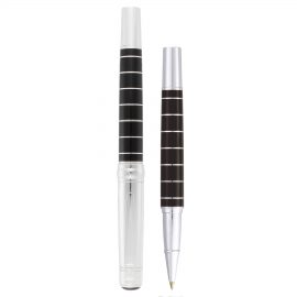 The Catalogue Cutter & Buck Roller Ball Pen is a smart, metal pen. Silver plated with black resin. Black ink. Removable cap.