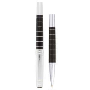 The Catalogue Cutter & Buck Roller Ball Pen is a smart, metal pen. Silver plated with black resin. Black ink. Removable cap.